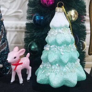Blown Glass Jadeite Ombre Christmas Tree Ornament Beaded Sequins Beach Mint